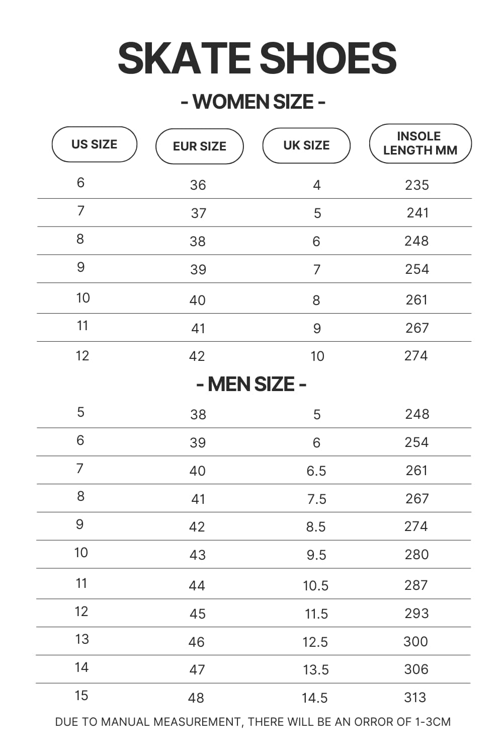 Skate Shoes Size Chart - Danganronpa Store